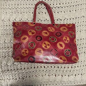 Leather Tote Bag Womens Red‎ Geometric Circle Pattern Handbag Purse Snap Top